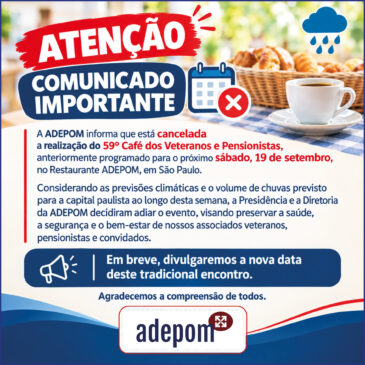 Atenção: cancelada a realização do 59º Café dos Veteranos e Pensionistas