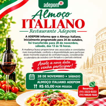 Almoço Italiano no Restaurante Adepom tem nova data: 28 de novembro